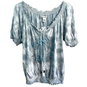 Adobe Star Artsy Boho‎ Tie Dye Short Sleeve Shirt Blue Embroidered Smocked XL